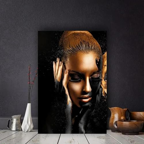 AWKFHF Leinwandbild Schwarze und Goldene Afrikanische Frauen Poster Kunstdruck Wohnzimmer Deko Schlafzimmer Bilder Wanddekoration (50X70CM,ohne Rahmen)