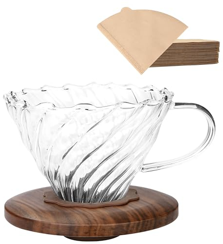 Lalord Pour Over Coffee Dripper with 100 pcs of Size 02 Paper Filter, Borosilicate Glass & Walnut Collar, Drip Coffee Maker, 1-3 Cups, Clear (Coffee Dripper)