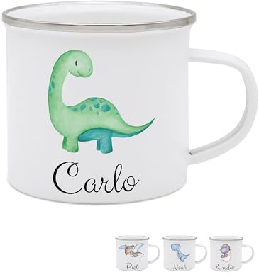 wunderwunsch - Personalisierte Emaille-Tasse - Emaille Tasse, Becher Mädchen, Schulanfang Geschenk, Kindergarten Trinkbecher, Cup f+r Kinder (Brontosaurus grün)