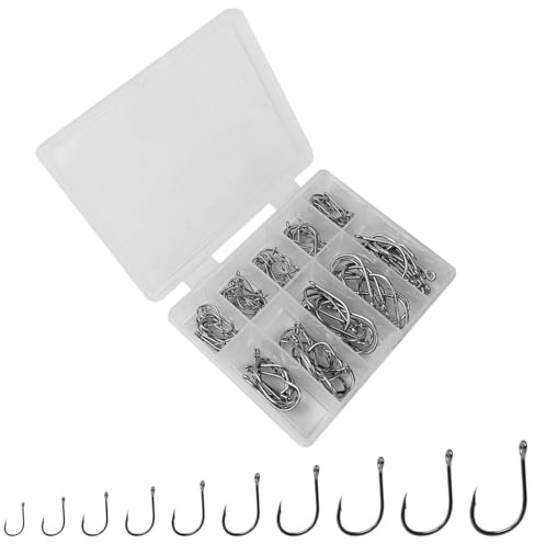 100 Stück Angelhaken, WASAGA 10 Größen Angelhaken mit Stachelaugen aus Kohlenstoffstahl, 3# bis 12# mit Einer kleinen Aufbewahrungsbox