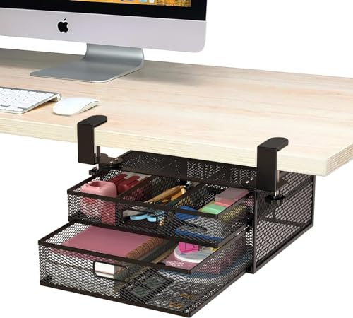 Sonhomay Under Desk Drawer Organizer Clamp-On No Drill Mesh 2 Slide Out Drawer Table Drawer Clamp Storage Basket for Home Essentials Office Art Supply Storage Trays Fits 0. 2-1. 8 Thick Desk