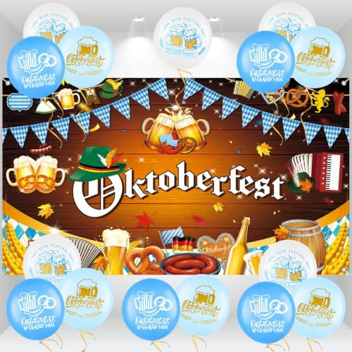 AhfuLife Oktoberfest Deko Banner Set, Oktoberfest Hintergrund Banner 180 * 110 cm mit 15 Stück Bayerisch Deko Blau mit Weiße für Bayern Party Bar Deko