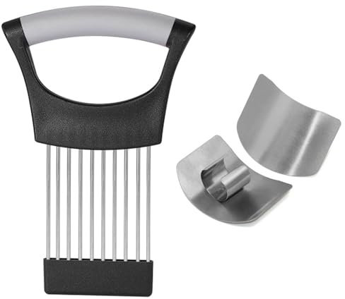 Bkemkri 1 Piezas de Soporte para Rebanadora de Cebolla, 2 Piezas de Acero Inoxidable Cubierta Protectora de Dedos, Cortador de Cebolla Tenedor de Rebanada Herramienta de Picado para Patata Zanahoria