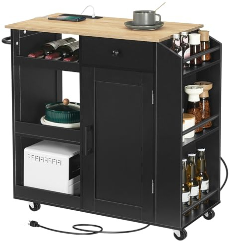 MAHANCRIS Kitchen Island with Power Outlet, Kitchen Storage Island with Drawer, Rolling Kitchen Cart on Wheels, Spice Rack, Towel Rack, Wine Rack, for Dining Room, Black and Natural KIHN122E01
