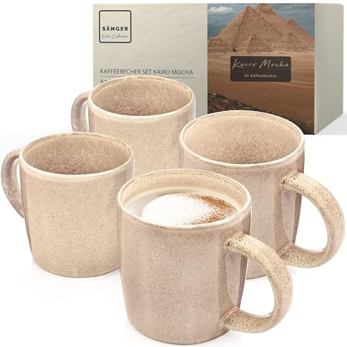 SÄNGER Kairo Mocha | Kaffeebecher 4 teilig, Steingut Tassen Set für 4 Personen, Tassen, spülmaschinen- mikrowellenfest, Coffee Mug Teetasse, Kaffeetassen Beige 400 ml | VALUE