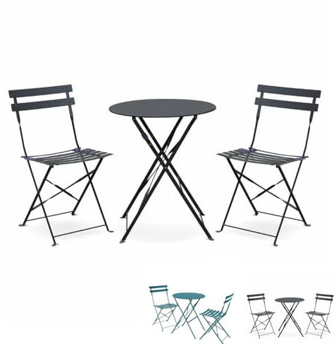 PALUPLUS Set da Bistrot 3 Pezzi, Tavolo TONDO Pieghevole 60x71 cm, 2 Sedie in Metallo 41x46x90 cm, per Balcone e Giardino, Design Retrò e Salvaspazio -7155F-15,8 (Grigio Antracite)