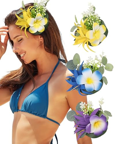 3 pinzas para el pelo de flores hawaianas para mujer, pinzas para el pelo de orquídea, pinzas artificiales de hibisco para boda, novia, fiesta en la playa (azul, morado y amarillo)