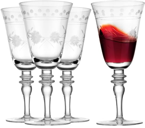 Royalrose Premium Delight 14.2 oz Wine Glasses Set of 4 – Hand-Blown with Etched Long Stem, Classic Glassware for Weddings, Dinners, and Holiday Gifting (Vintage Wine Glasses)