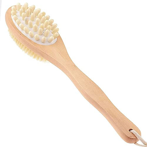 LRFNKCT Duschbürste, Körperbürste mit seitlichen Naturborsten, Körperbürste, Schrubber, Langer Griff, Spa-Duschbürste aus Holz, Bade- und Massagebürsten