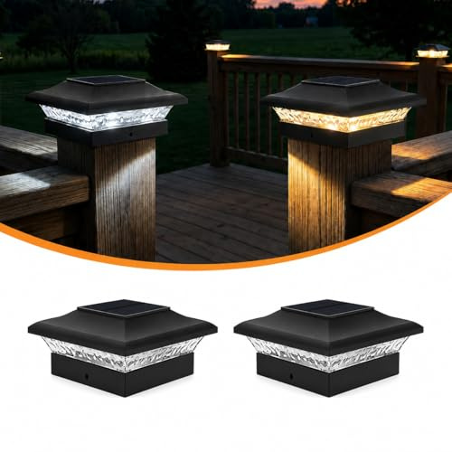 ILIKEPOW Solar Pfostenkappe, 2 Modi Solar Pfostenleuchte 9x9,10x10, IP65 Wasserdichte Pfostenkappen Solar für Holzpfosten, Zaun, Garten, Deck (Kaltweiß 6000K & Warmweiß 3000k, 2 Stück)
