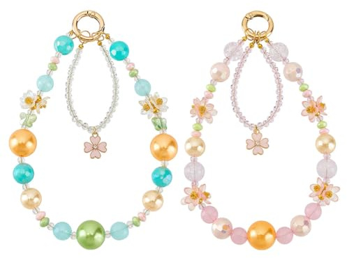 MAYJOYDIY 2 Stück Bunte Perlen Handykette 18CM Perlen Anhänger mit Blumen Modisch Phone Charm Handyanhänger Für Die Kamera Taschen Schlüsselbund Zelldekoration
