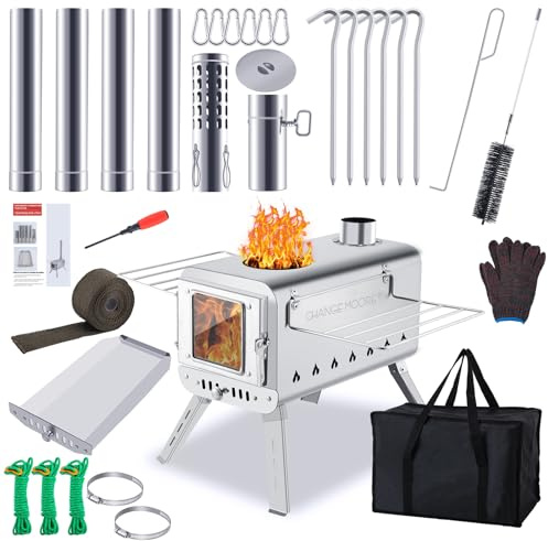 CHANGE MOORE Medium Tent Stove 2.0 Increases Combustion Efficiency, 1000°C Heat Resistance SCHOTT Glass View, Pipe Anti-scalding Roll Cloth, Stainless Steel Wood Burning Stove for Tents, and Camping