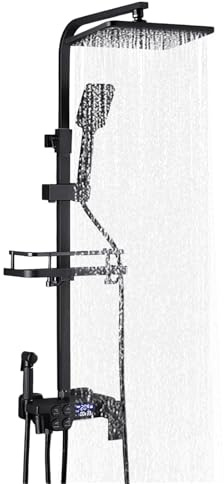 Thermostatic Shower Mixer Set,Home Smart Digital Display Shower Set - Large Rainfall Head, Temp/Time Display,5 Mode,Shower Column is Height Adjustable (Black hot and Cold Digital Display)
