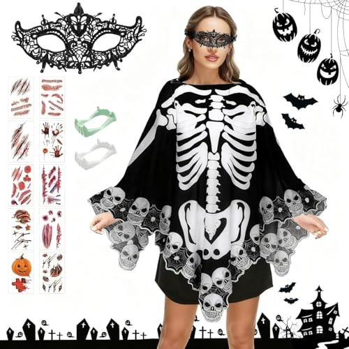 ZeiLaBang Kakadi Halloween Skelett Poncho,Halloween Kostüme für Frauen Skelett Umhang,Spinnennetz Cape Umhang Kostüm,Druck Langärmliges Fledermaus Kostüm,Kleidung für CosplayHalloween Karneval Party