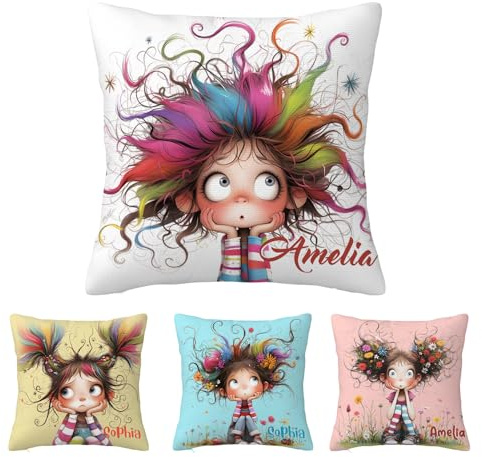 Personalized Name Cartoon Quirky Girl Throw Pillow Cover for Living Room Couch Bed Sofa, Custom Soft Pillow Covers Gift for Kids