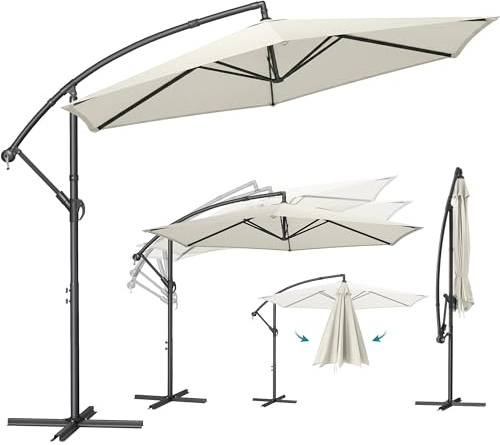 SONGMICS Ombrellone a Braccio 350 cm di Diametro, Ombrellone da Balcone con Base, Protezione Solare, Anti UV UPF 50+, con Manovella per Apertura e Chiusura, per Terrazza, Giardino, Beige GPU117LZ01