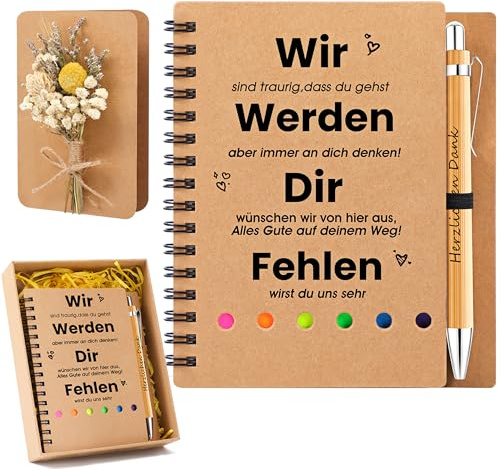ZJTAPE Abschiedsgeschenk Kollegen - Dankeschön Geschenke, Abschied Kollegin Notizbuch und Abschiedskarte mit Trockenblumenstrau, Lustige Kleine Geschenke für Lehrer, Kollege Kollegin, Freunde