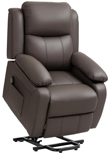 HOMCOM Sillón Relax Eléctrico Reclinable Levanta Personas, Sillón Elevador, con Respaldo Alto, Control Remoto, Reposapiés, Acolchado Grueso, Tapizado en PU, Bolsillos Laterales, Marrón Oscuro