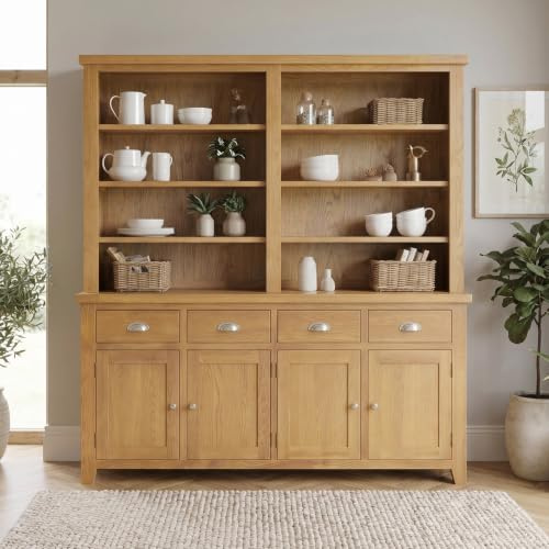 Cheshire Oak Extra Large 4 Door Sideboard with Bookcase Dresser Top – Solid Oak Shaker Furniture, Natural Satin Lacquer Finish