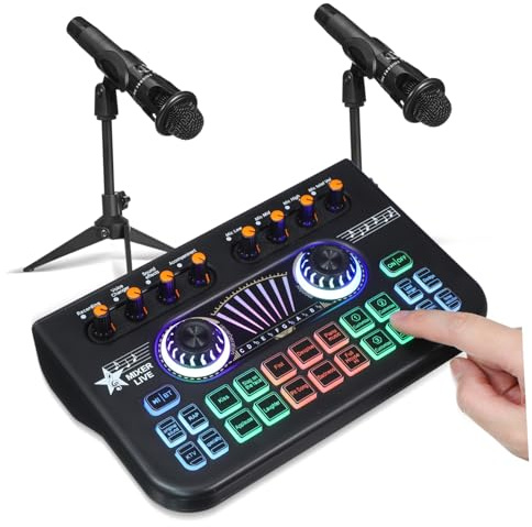 Hoement Professional Podcast Bundle with Dual Microphones and Live Sound Card Audio Mixer Dj Equipment Kit for Streaming Recording Gaming and Voice Changing