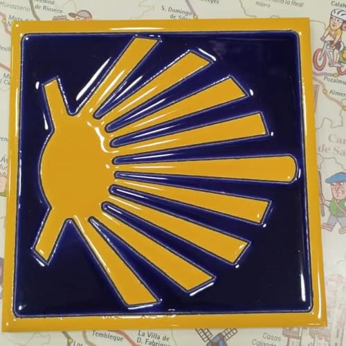 Keramikkachel Jakobsweg Asturien - Stilisierte Muschel mit Rahmen 15 x 15 cm - Echte Keramik-Fliese, Camino Nordweg Souvenir