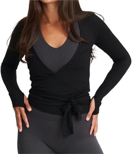 AKDJGFP Scaldacuore Danza Donna Top Avvolgente da Donna for Allenamento, Yoga, Danza, Balletto, Pilates, Manica Lunga, Sottile, Annodato sul Davanti(Black,M)