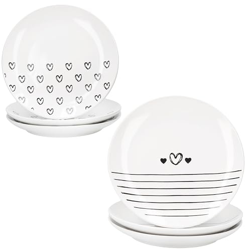 MamboCat Cupid 6er Set Kuchenteller I Ø 18,5 cm I Porzellan Frühstücksteller schwarz weiß je 3x Herzmotiv & 3x Streifen I Dessertteller für Kuchen, Frühstück & Kaffeezeit