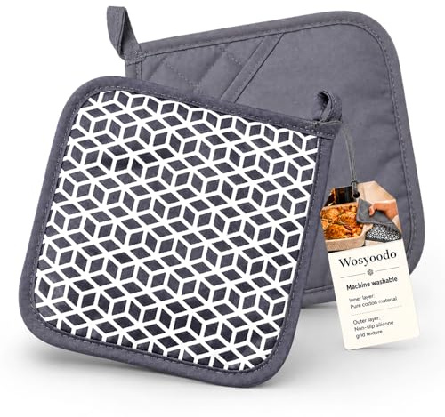 Wosyoodo 2 Agarraderas 20x20 cm, con Bolsillo para Insertar la Mano & Motivo de Silicona Antideslizante, Salva Manteles, Algodón Lavable y Suave, para Cocinar y Hornear, Accesorios de Cocina (Gris)
