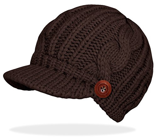 dy_mode Schirmmütze Damen Mütze Strickmütze warme Wintermütze mit Holzknopf in 4 Farben - A080 (A080-Braun)