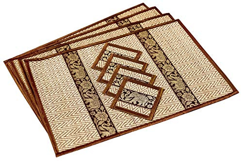 Hand-Woven Wicker Reed Placemats Coaster Set Eco-Friendly Alternative to Plastic Heat Resistant Thai Style Durable Easy to Clean for Dining Table Set of 4 (Large, Dark Gold)