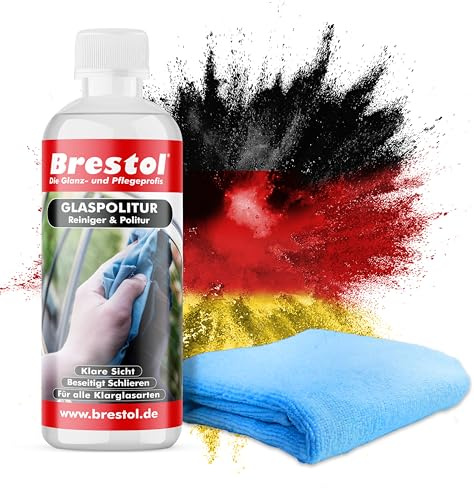 Brestol GlasPolitur 300 ml - Hochwirksame Politur für Fenster, Spiegel, Autoscheiben - Schonende Formel für kratzfreie Glasoberfläche, Lang anhaltender Glanz und Schutz + 1x Universaltuch