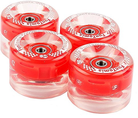 FunTomia - Lot de 4 grosses roues de skateboard ou longboard à LED - 65 x 45 mm - 80 A avecroulements et espaceurs magnétique Mach1®, dureté 80 A, 4x rote LED Rollen