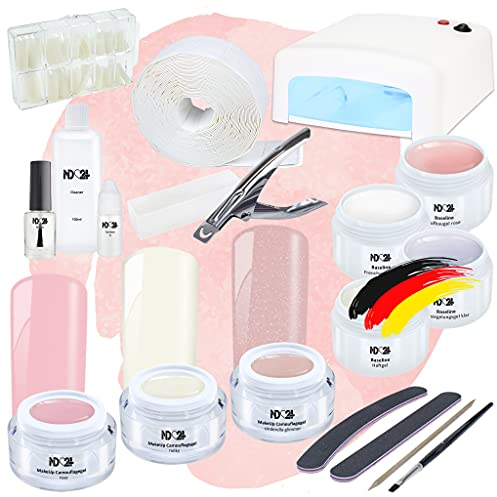 Gelnägel Set Premium Starterset mit UV-Lampe & Zubehör, UV Haftgel, Aufbaugel, Versiegelungsgel – Nagelset für Nägel Selber Machen – Gel Nail Set, Shellac Set – Made in Germany