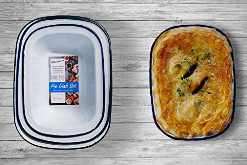 Vintage Gourmet Premium White Enamelware with Blue Rim Set of 3 Oblong Pie Dish 20, 22, 24cm Steel Material