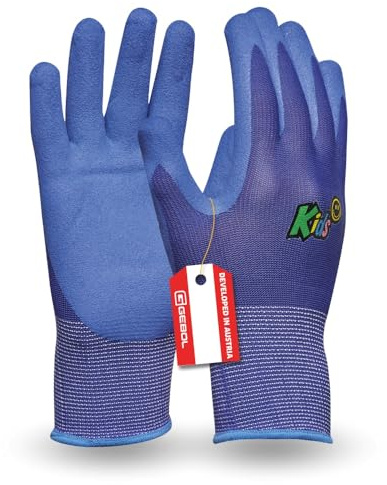 Gebol Kids Blue Guantes de trabajo para niños de 5 a 8 años | Guantes de jardinería con revestimiento de nitrilo repelente al agua | Guantes transpirables para niños talla XXS (Gr 5) | Azul | 1 par