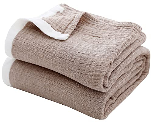 SE SOFTEXLY Cuddly Blanket, Cotton Blanket, 3-Layer Soft Cuddly Blanket for Couch/Bedspread, Lightweight, Comfortable Cotton Muslin Blanket for All Seasons, Coffee Colour Blanket, 130 x 150 cm