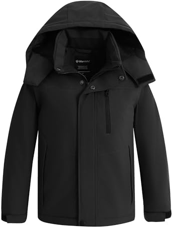 wantdo Boys' Snow Ski Jacket Waterproof Windbreaker Warm Thick Rain Coats Kids Jackets with Removable Hood Black Size 10-12