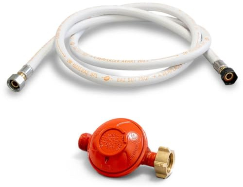 KEMPER - Propan-Gas-Set, komplett: Druckminderer, 37 mbar, mit Schrauben und flexiblem Schlauch 2 m, NF-Norm – sichere Verbindung für Flasche mit 13 kg, Gasherd, Plancha und Grill im Freien