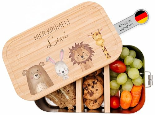 wunderwunsch - Personalisierte Brotdose für Kinder - Robuste und Individuelle Edelstahl Brotdose mit Namen - Personalisierte Geschenke für Kinder (Tiere unten, klein Edelstahl)