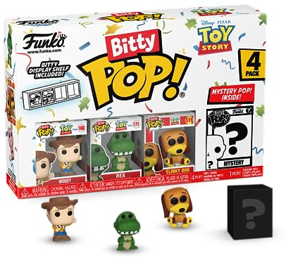 Funko Bitty Pop! Toy Story - Woody 4PK - Woody, Rex, Slinky Dog and A Surprise Mystery Mini Figure - 0.9 Inch (2.2 Cm) Collectable - Stackable Display Shelf Included - Gift Idea - Cake Topper