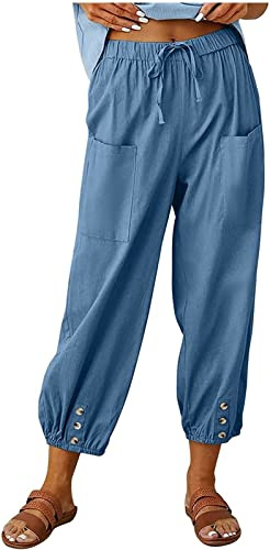 ASKSA Pantalon 7/8 Femme Été Lin Ample Longueur Pants Cordon pour Décontracté à Jambes Léger en avec Poches
