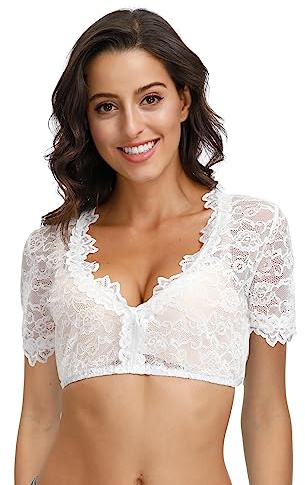 TrendiMax dam Dirndlblusar kortärmad spets traditionell blus elegant traditionell blus från 34-42, Vit ros, 36