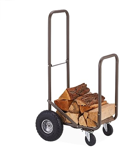 Relaxdays Kaminholzwagen mit Luftreifen, 360° Rollen, Holzwagen bis 60 kg, für 33 cm Scheite, Brennholz-Sackkarre, braun, Gummi, 108 x 52 x 56 cm