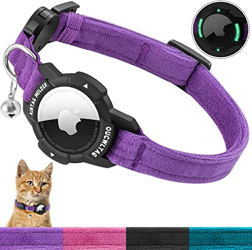 AirTag Katzenhalsband mit leuchtendem Apple Air Tag Halter, Katzenhalsband mit Sicherheitsverschluss & Elastischer Gummizug für Kätzchen, Katzen und Welpen (Katzen und Welpen 23-33cm, Lila)