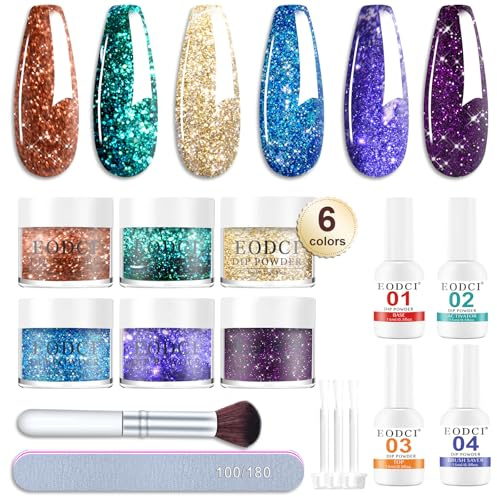 12 Kit de poudre à Ongles, 6 Couleurs Bleu Pailleté Vert Violet Clignotant Lot de Poudre, Acrylique pour ongles avec Dipping Powder French Nails Kit, Liquide Base Top Coat, Activateur, Brush Saver