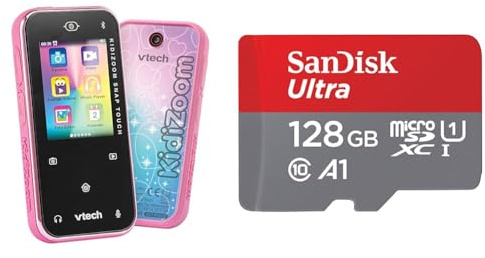 VTech KidiZoom Snap Touch pink – Kinderkamera im Smartphone-Format mit Touchscreen & SanDisk Ultra Android microSDXC UHS-I Speicherkarte 128 GB + Adapter