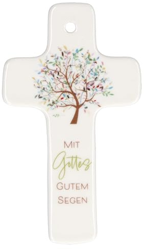 Butzon & Bercker Porzellankreuz Kinderkreuz - Lebensbaum Taufe - 11 x 6,5 | Wandkreuz mit Segensspruch zur Erstkommunion - Bunter Lebensbaum auf mattem Porzellan - Inklusive Aufhängeöffnung