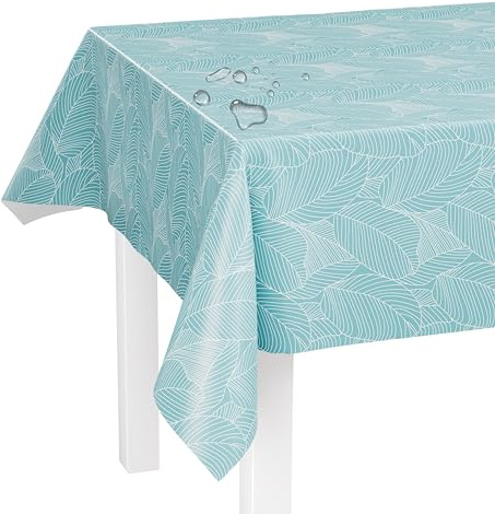 LILENO HOME Bordsduk tvättbar som metervara 220 x 140 cm (skärkant) i grafiska blad turkosmotiv – vaxduk vattenavvisande perfekt som bordsduk eller bordslöpare för set av öltält