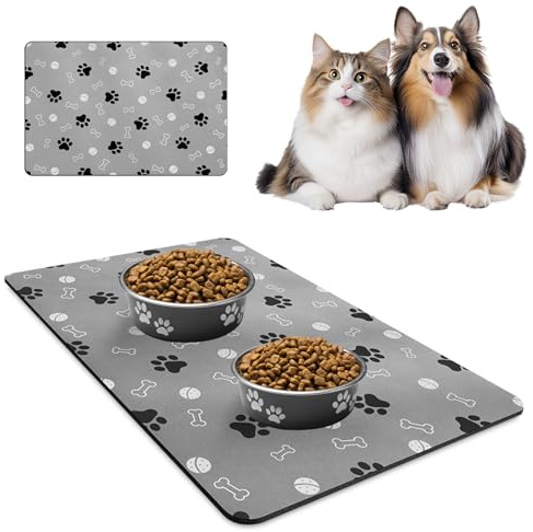 WANDGU Tappetino Ciotola Cane 60 x 40 cm: Tappetino Ciotole Gatto Lavabile, Tappetini Assorbente Sottociotola con Motivo a Zampe per Animali, Proteggere il Pavimento, Antisdrucciolevole(Grigio)