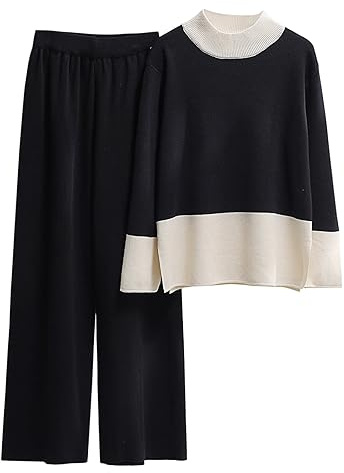 MJGkhiy Tuta Maglia Donna Completa Elegante Set Tute In Maglia Due Pezzi Set Coordinato Tuta Casual Lavorati Maglione a Maniche Lunghe Pullover Top e Pantaloni a Gamba Larga Completi Invernale